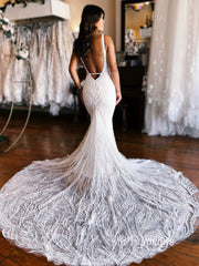 Mermaid V neck White Wedding Dresses Sparkly Bridal Gowns EWR459|Selinadress