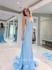Mermiad Deep V neck Long Prom Dress Beaded Evening Dresses SEW1215|Selinadress