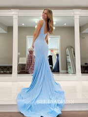 Mermiad Deep V neck Long Prom Dress Beaded Evening Dresses SEW1215|Selinadress