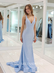 Mermiad Deep V neck Long Prom Dress Beaded Evening Dresses SEW1215|Selinadress