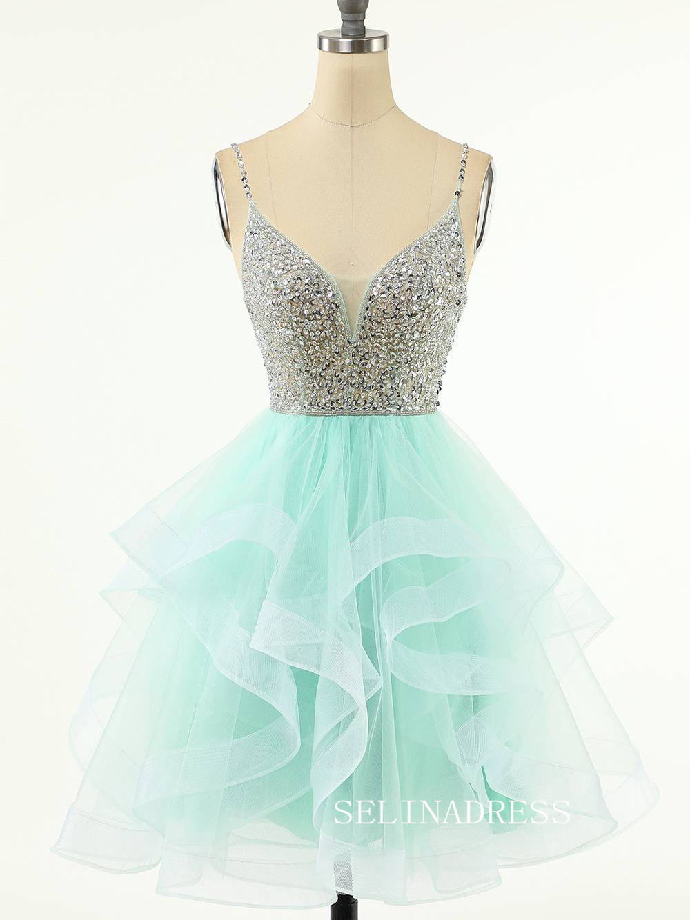 Mint Green Beaded Layered Tulle Homecoming Dress SEA011|Selinadress