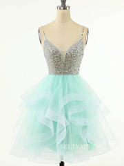 Mint Green Beaded Layered Tulle Homecoming Dress SEA011|Selinadress