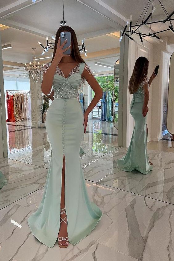 Mint Green Satin Mermaid Prom Dress Front Split Sweetheart Sequins Long Evening Party Dress #SEK192|Selinadress