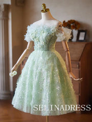 Mint Tulle Off-the-shoulder Sequins Cocktail Dress Cute Homecoming Dresses #ABC004|Selinadress