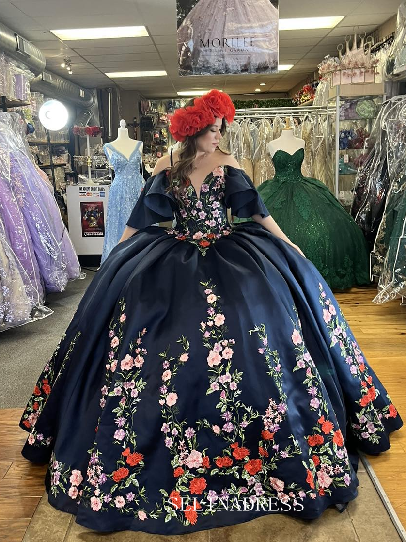 Off Shoulder Navy Embroidery Flower Wedding Dress with Sweep Train Princess Evening Gowns sew1094|Selinadress