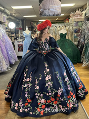 Off Shoulder Navy Embroidery Flower Wedding Dress with Sweep Train Princess Evening Gowns sew1094|Selinadress