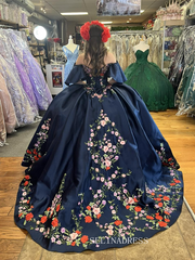 Off Shoulder Navy Embroidery Flower Wedding Dress with Sweep Train Princess Evening Gowns sew1094|Selinadress