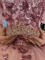 Pink Sweetheart Sparkly Wedding Dress with Detachable Sleeves Princess Evening Gowns sew1096|Selinadress