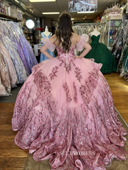 Pink Sweetheart Sparkly Wedding Dress with Detachable Sleeves Princess Evening Gowns sew1096|Selinadress