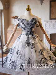 Off-the-shoulder A-line Homecoming Dress Black Flower Cocktail Dresses #ABC015|Selinadress