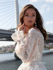 Off-the-shoulder Beaded Long Sleeve White Wedding Dresses Bridal Gowns SEW0188|Selinadress