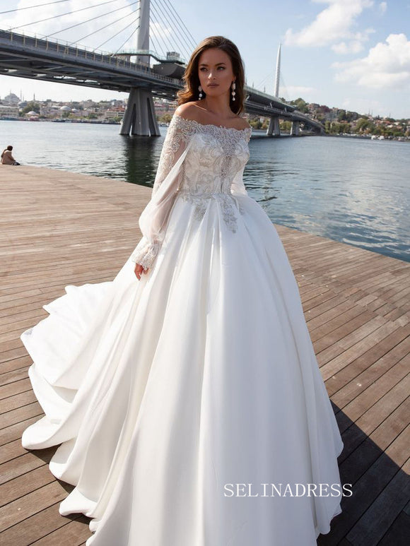 Off-the-shoulder Beaded Long Sleeve White Wedding Dresses Bridal Gowns SEW0188|Selinadress