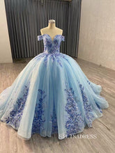 Off-the-shoulder Blue Ball Gown Quincess Dress 3D Floral Lace Haute Couture Wedding Gowns 231113|Selinadress