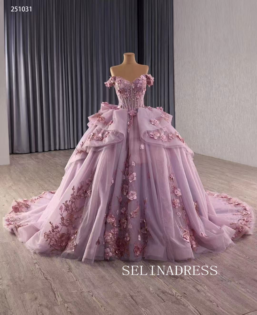 Off-the-shoulder Dusty Pink Ball Gown Quincess Dress 3D Floral Ball Gown Evening Dress Haute Couture Wedding Gowns 251031|Selinadress