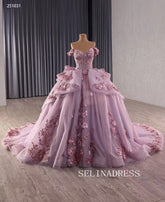 Off-the-shoulder Dusty Pink Ball Gown Quincess Dress 3D Floral Ball Gown Evening Dress Haute Couture Wedding Gowns 251031|Selinadress