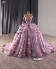Off-the-shoulder Dusty Pink Ball Gown Quincess Dress 3D Floral Ball Gown Evening Dress Haute Couture Wedding Gowns 251031|Selinadress
