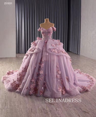 Off-the-shoulder Dusty Pink Ball Gown Quincess Dress 3D Floral Ball Gown Evening Dress Haute Couture Wedding Gowns 251031|Selinadress