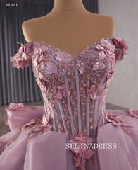 Off-the-shoulder Dusty Pink Ball Gown Quincess Dress 3D Floral Ball Gown Evening Dress Haute Couture Wedding Gowns 251031|Selinadress