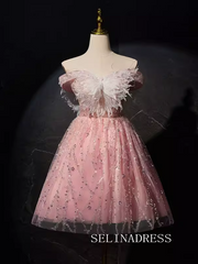 Off the Shoulder Homecoming Dresses Pink Beaded Butterfly Graduation Dress #SEW1266|Selinadress