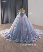 Off-the-shoulder Light Sky Blue Ball Gown Quincess Dress 3D Floral Long Prom Dress Wedding Dress 251025|Selinadress