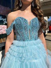 Off-the-shoulder Light Sky Blue Long Prom Dress Beaded Layered Evening Dress ABB033|Selinadress