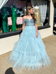 Off-the-shoulder Light Sky Blue Long Prom Dress Beaded Layered Evening Dress ABB033|Selinadress