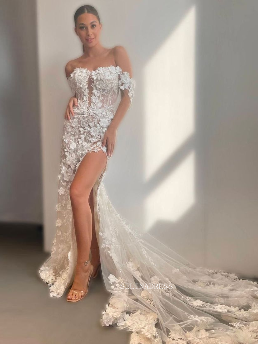 Off-the-shoulder Mermaid Cheap Wedding Dresses Lace Bridal Dresses EWR904|Selinadress