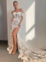 Off-the-shoulder Mermaid Cheap Wedding Dresses Lace Bridal Dresses EWR904|Selinadress