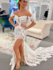 Off-the-shoulder Mermaid Cheap Wedding Dresses Lace Bridal Dresses EWR904|Selinadress