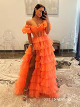 Off-the-shoulder Orange Ruffles Tulle Long Prom Dress With Slit lpk923|Selinadress