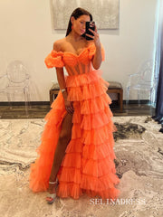Off-the-shoulder Orange Ruffles Tulle Long Prom Dress With Slit lpk923|Selinadress