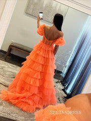 Off-the-shoulder Orange Ruffles Tulle Long Prom Dress With Slit lpk923|Selinadress