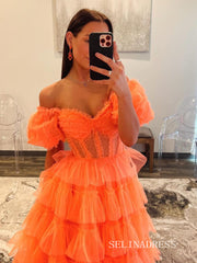 Off-the-shoulder Orange Ruffles Tulle Long Prom Dress With Slit lpk923|Selinadress
