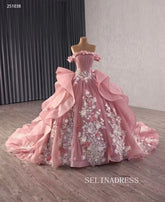 Off-the-shoulder Pink Ball Gown Quincess Dress Appliques Lace Haute Couture Wedding Gowns 251038|Selinadress