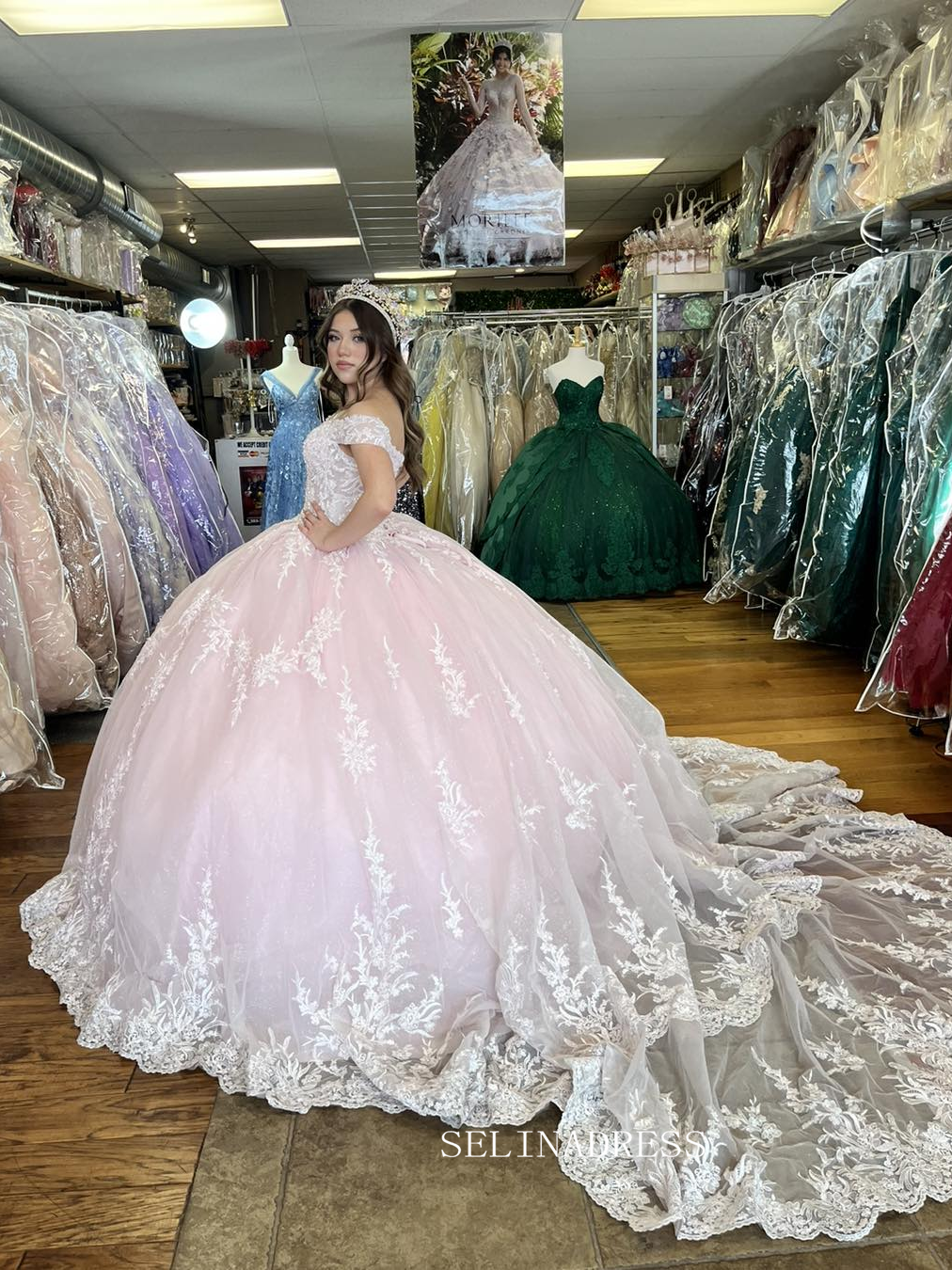 Off The Shoulder Pink Lace Beaded Wedding Dress Princess Evening Gowns sew1097|Selinadress