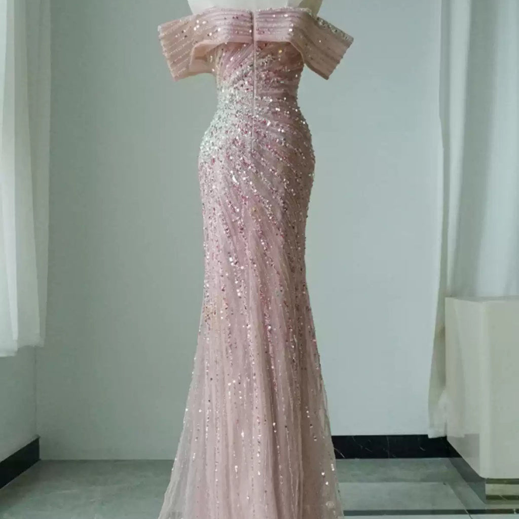 Elegant Pink Off Shoulder Ruffled Tiered Mermaid Long Prom Dress, Evening Dress, PD3823006