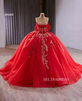 Off-the-shoulder Red Ball Gown Appliques Bow Prom Dress Quincess Wedding Dresses 241162|Selinadress