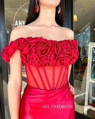 Off-the-shoulder Red Long Prom Dress With Hand Made Flower Evening Dress ABB034|Selinadress