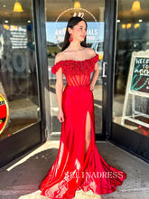 Off-the-shoulder Red Long Prom Dress With Hand Made Flower Evening Dress ABB034|Selinadress