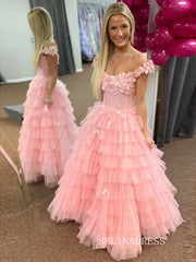 Off-the-shoulder Tulle Ball Gown 3D Floral Prom Dresses Ruffles Evening Dress EWR301