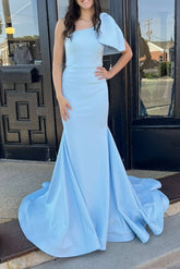 One Shoulder Lignt Sky Blue Satin Mermaid Prom Dress SEW1310|Selinadress