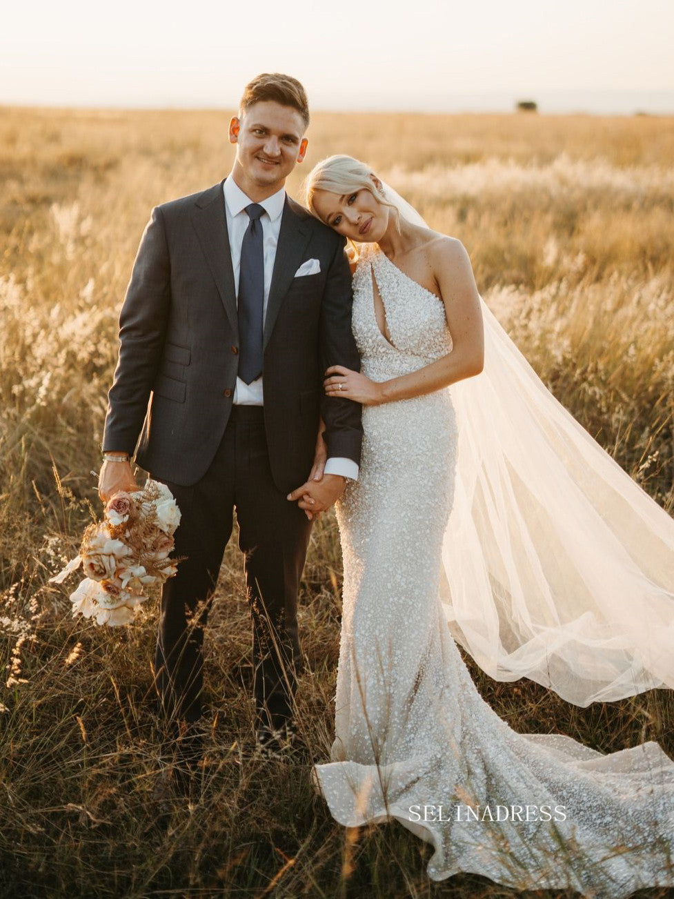 One Shoulder Mermaid Sparkly Wedding Dresses Sequins Wedding Bridal Dresses TK058|Selinadress