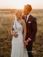 One Shoulder Mermaid Sparkly Wedding Dresses Sequins Wedding Bridal Dresses TK058|Selinadress