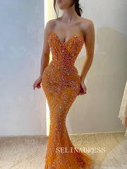 Orange Beaded Long Prom Dress Mermaid Strapless V neck Evening Dress SQO007|Selinadress