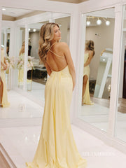 Pale Yellow Mermaid Satin Prom Dresses with Tail Spaghetti Straps Evening Dress EWR201|Selinadress