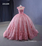 Pink 3D Flower Lace Wedding Gown High Neck Quinceanera Dress 231104|Selinadress