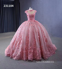 Pink 3D Flower Lace Wedding Gown High Neck Quinceanera Dress 231104|Selinadress
