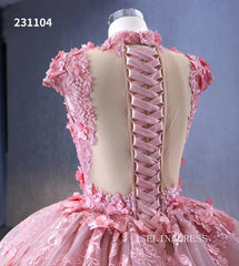 Pink 3D Flower Lace Wedding Gown High Neck Quinceanera Dress 231104|Selinadress
