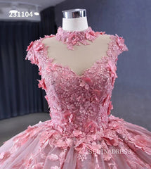 Pink 3D Flower Lace Wedding Gown High Neck Quinceanera Dress 231104|Selinadress