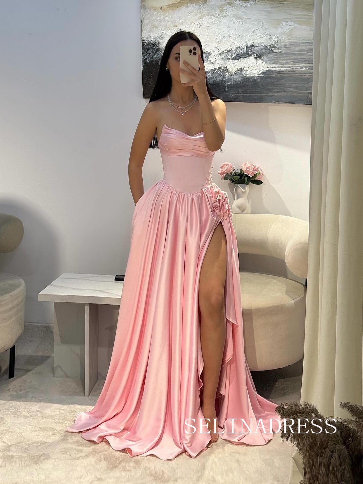 Pink A-line Long Prom Dresses Cheap Evening Gowns With Slit REN011|Selinadress